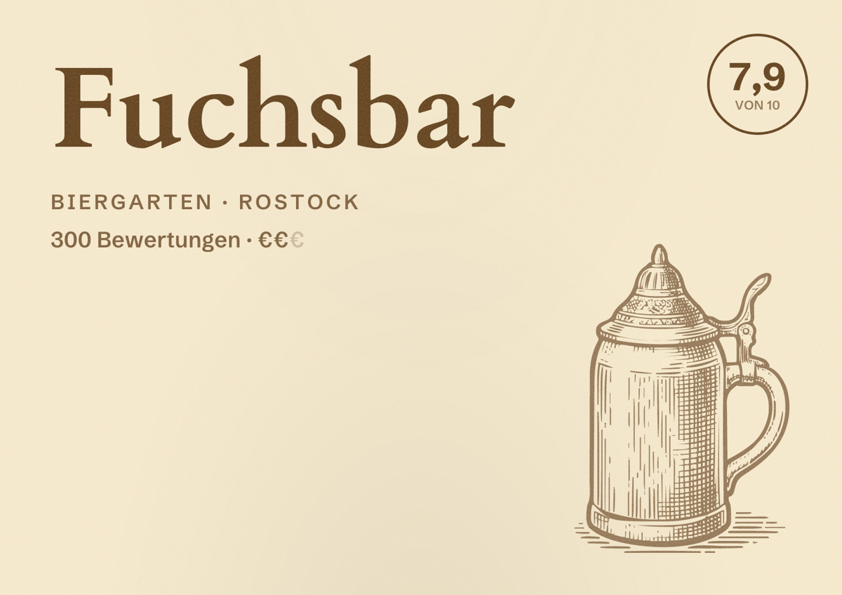 Illustriertes Poster von Fuchsbar, Biergarten in Rostock: Bewertung 7,9 von 10 aus 300 Bewertungen, Preisniveau €€