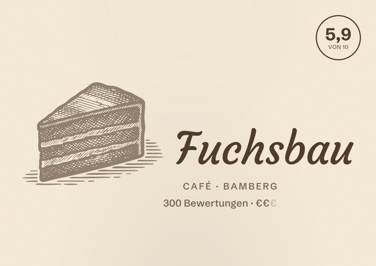 Illustriertes Poster von Fuchsbau, Café in Bamberg: Bewertung 5,9 von 10 aus 300 Bewertungen, Preisniveau €€