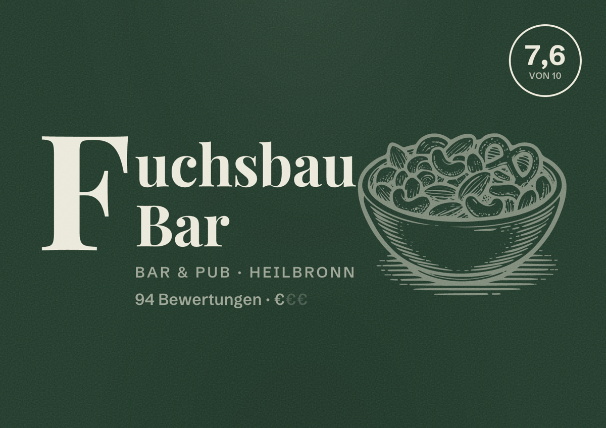 Illustriertes Poster von Fuchsbau Bar, Bar & Pub in Heilbronn: Bewertung 7,6 von 10 aus 94 Bewertungen, Preisniveau €