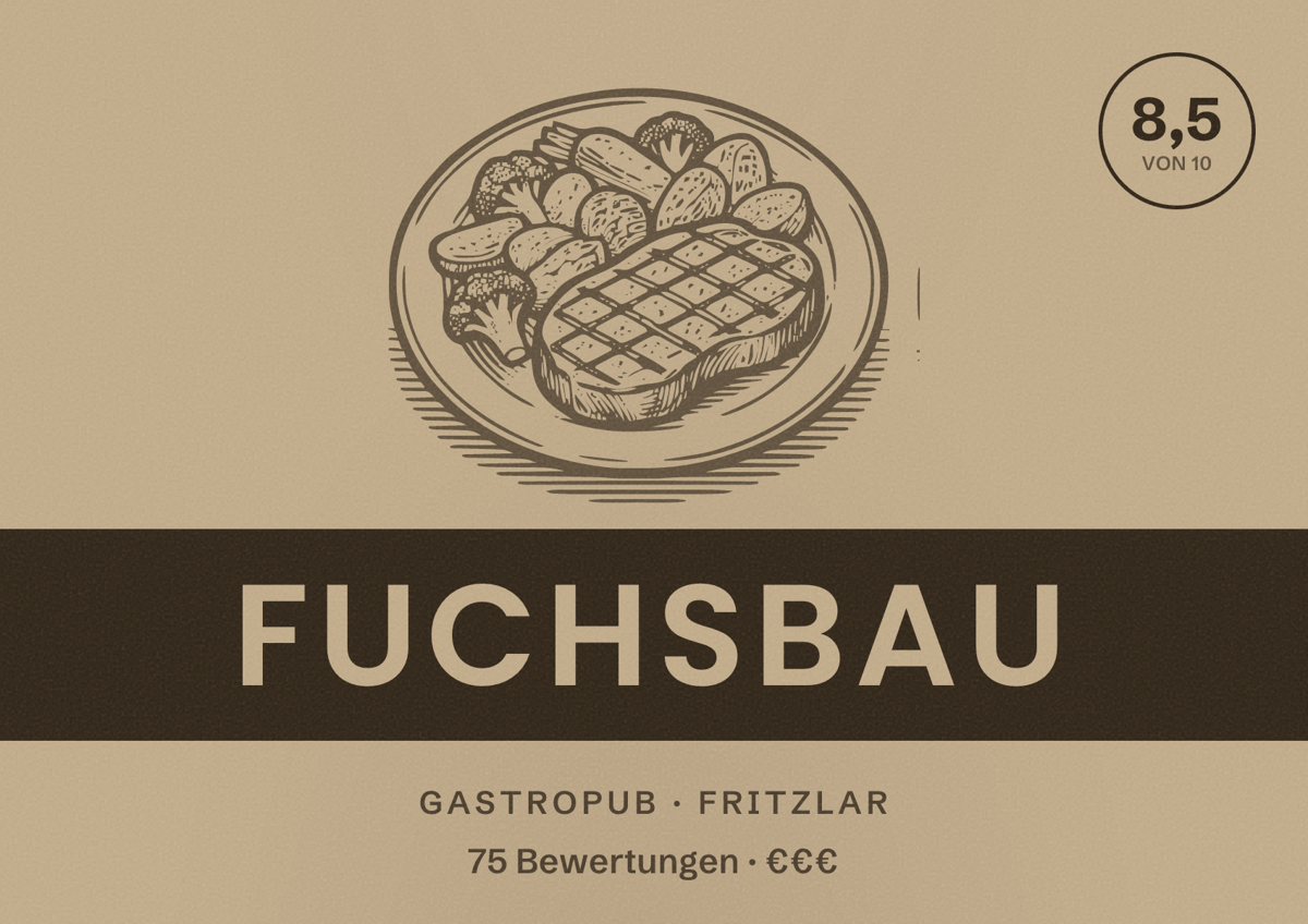 Illustriertes Poster von Fuchsbau, Gastropub in Fritzlar: Bewertung 8,5 von 10 aus 75 Bewertungen, Preisniveau €€€
