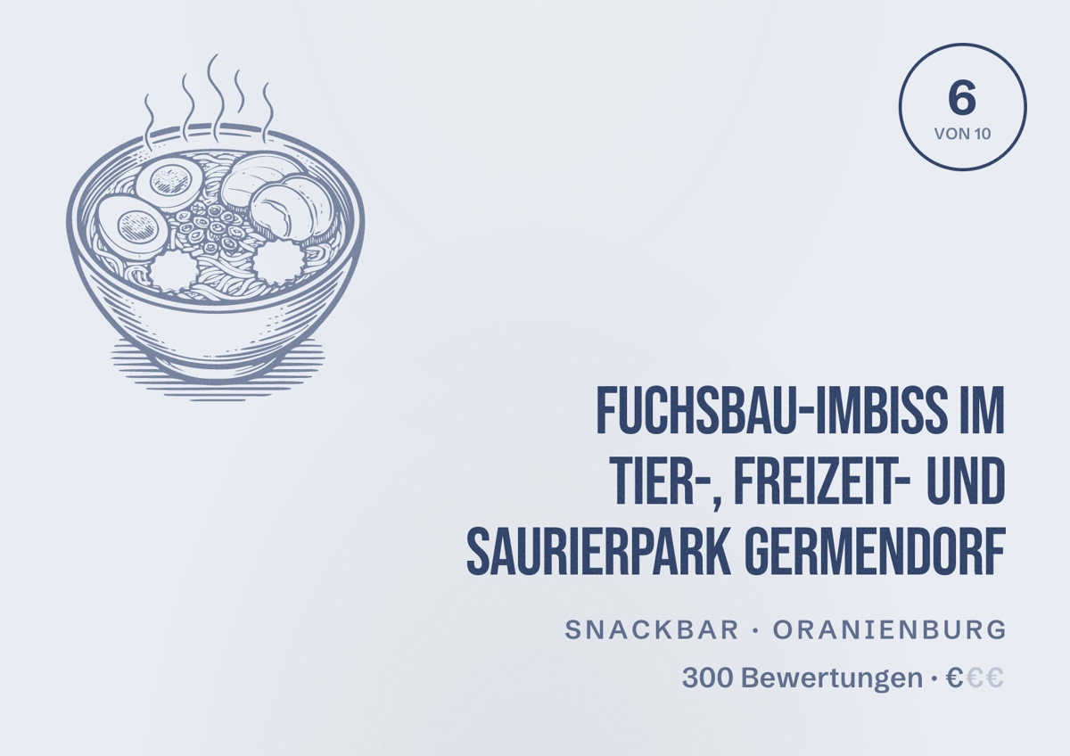 Illustriertes Poster von Fuchsbau-Imbiss im Tier-, Freizeit- und Saurierpark Germendorf, Snackbar in Oranienburg: Bewertung 6 von 10 aus 300 Bewertungen, Preisniveau €