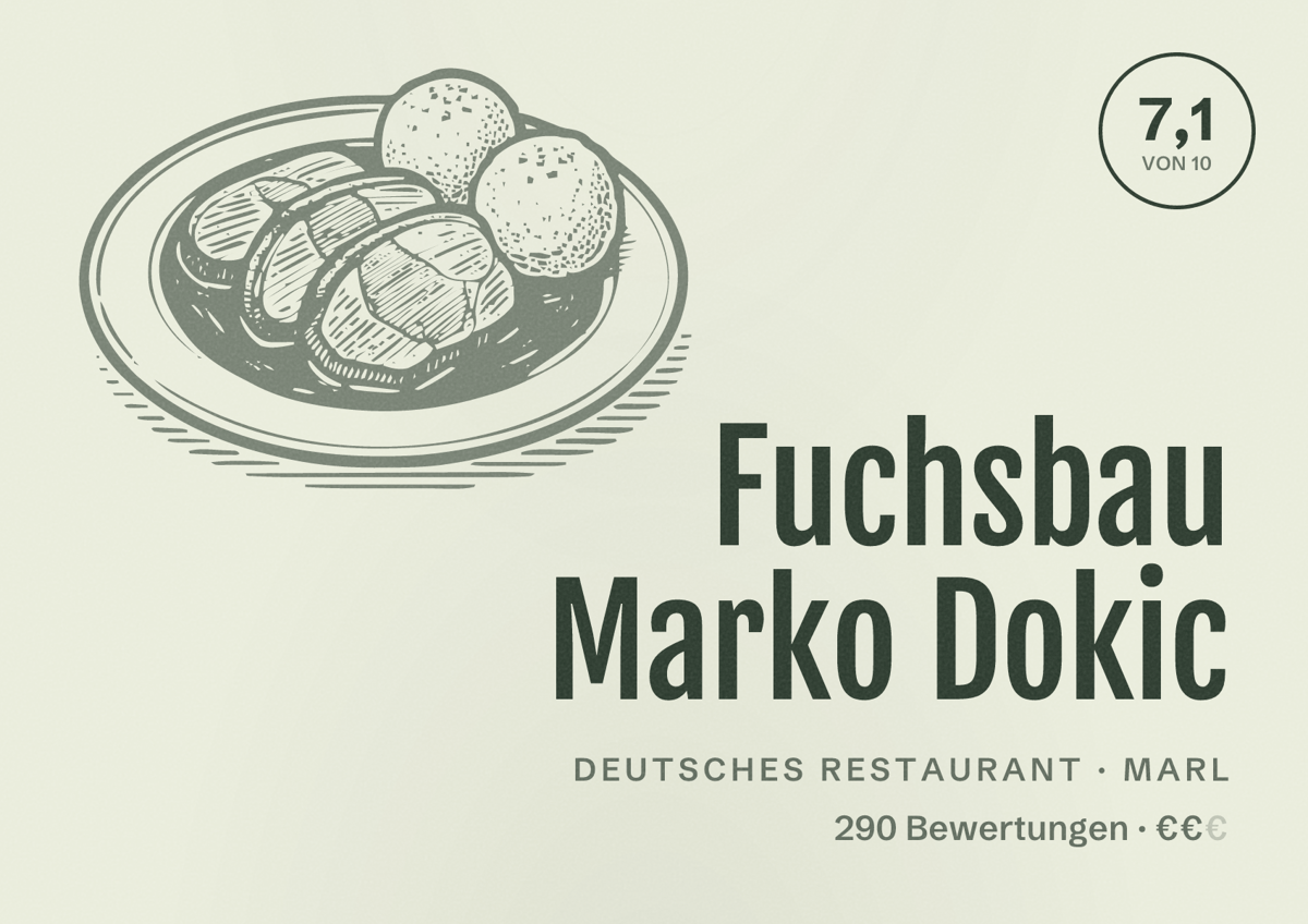 Illustriertes Poster von Fuchsbau Marko Dokic, Deutsches Restaurant in Marl: Bewertung 7,1 von 10 aus 290 Bewertungen, Preisniveau €€