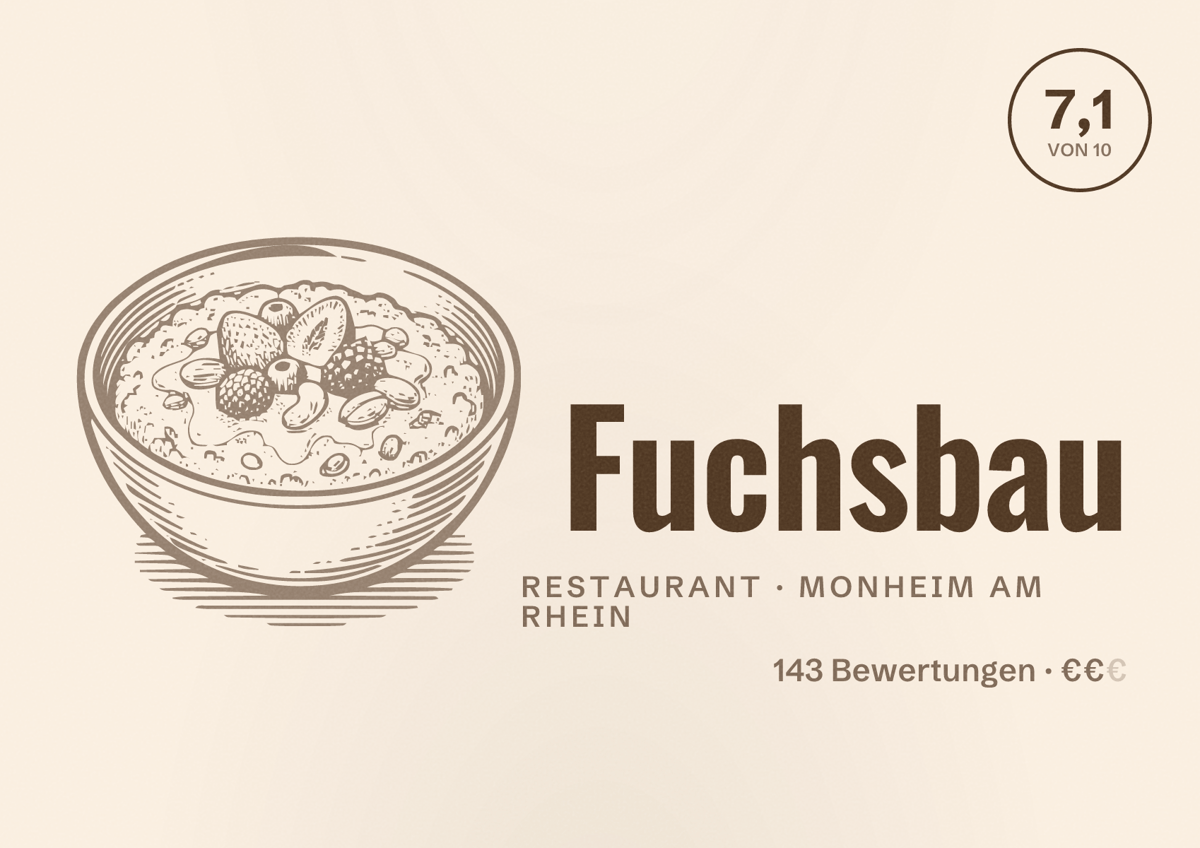 Illustriertes Poster von Fuchsbau, Restaurant in Monheim am Rhein: Bewertung 7,1 von 10 aus 143 Bewertungen, Preisniveau €€