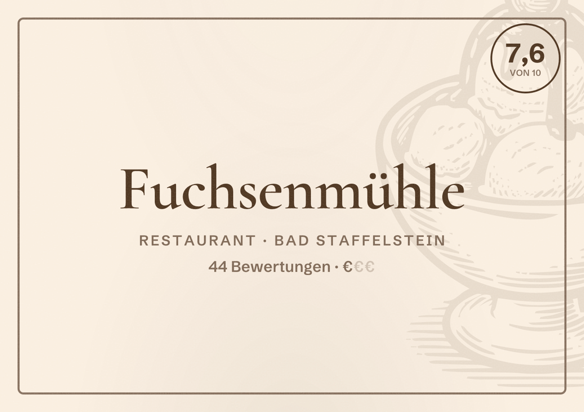 Illustriertes Poster von Fuchsenmühle, Restaurant in Bad Staffelstein: Bewertung 7,6 von 10 aus 44 Bewertungen, Preisniveau €