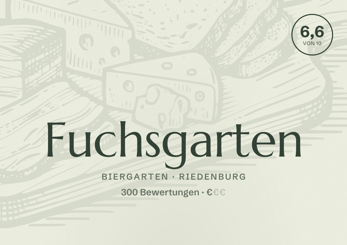 Illustriertes Poster von Fuchsgarten, Biergarten in Riedenburg: Bewertung 6,6 von 10 aus 300 Bewertungen, Preisniveau €