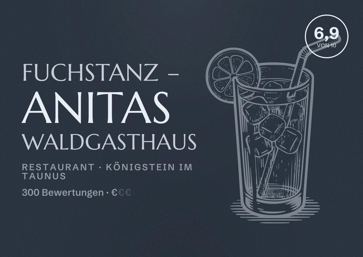 Illustriertes Poster von Fuchstanz – Anitas Waldgasthaus, Restaurant in Königstein im Taunus: Bewertung 6,9 von 10 aus 300 Bewertungen, Preisniveau €