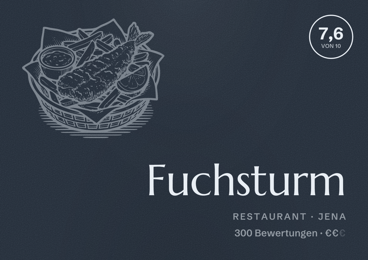 Illustriertes Poster von Fuchsturm, Restaurant in Jena: Bewertung 7,6 von 10 aus 300 Bewertungen, Preisniveau €€
