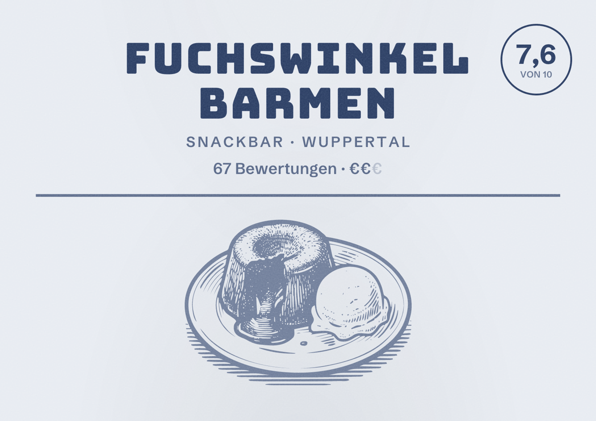 Illustriertes Poster von Fuchswinkel Barmen, Snackbar in Wuppertal: Bewertung 7,6 von 10 aus 67 Bewertungen, Preisniveau €€