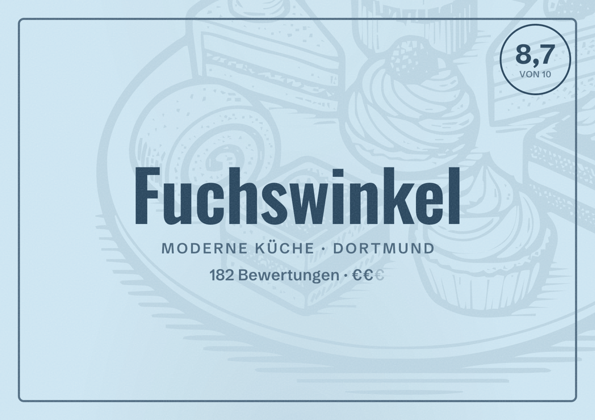 Illustriertes Poster von Fuchswinkel, Moderne Küche in Dortmund: Bewertung 8,7 von 10 aus 182 Bewertungen, Preisniveau €€