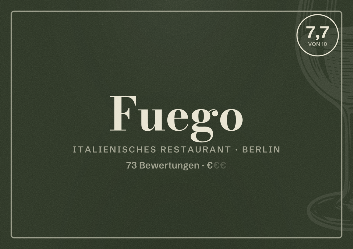 Illustriertes Poster von Fuego, Italienisches Restaurant in Berlin: Bewertung 7,7 von 10 aus 73 Bewertungen, Preisniveau €