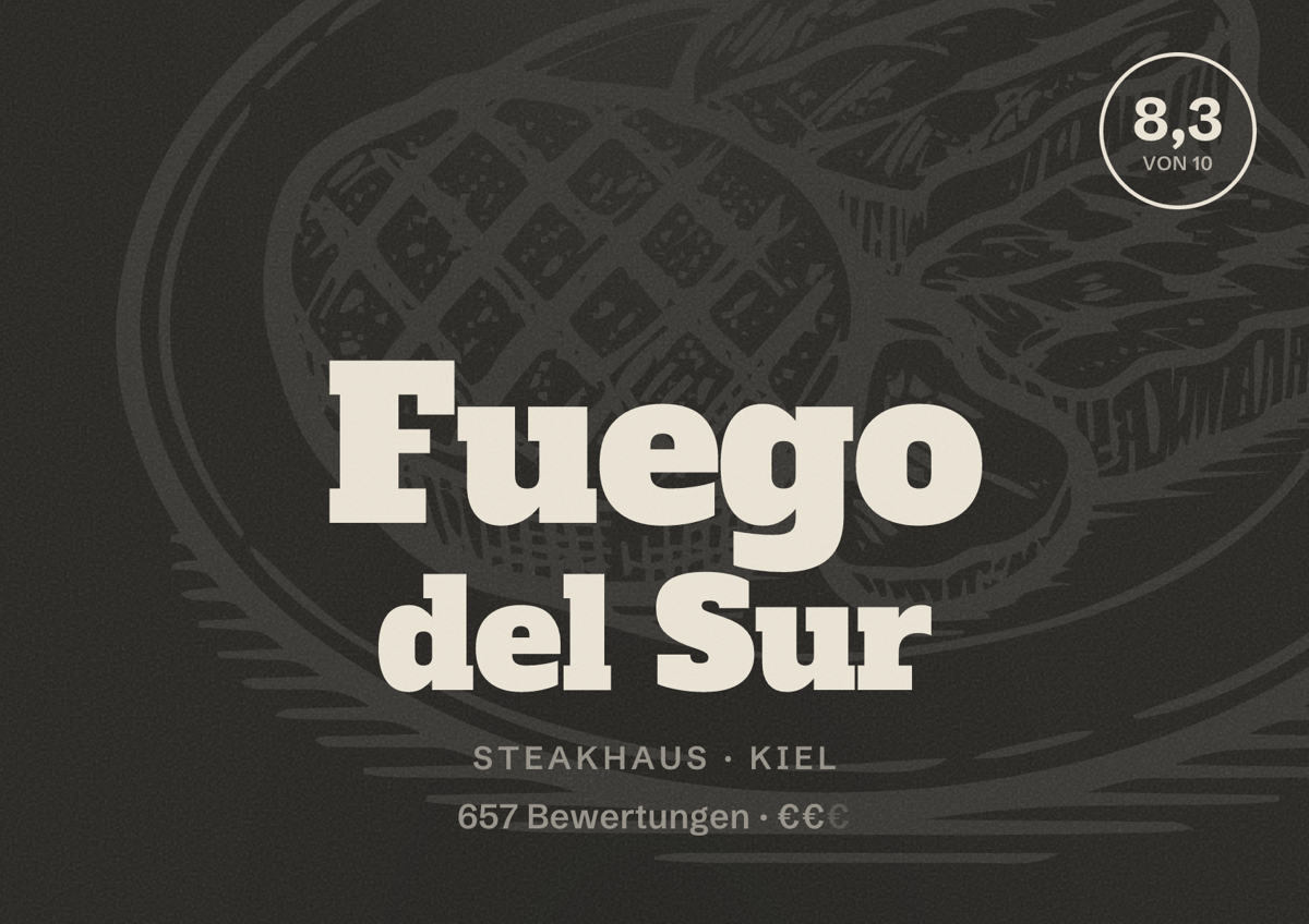 Illustriertes Poster von Fuego del Sur, Steakhaus in Kiel: Bewertung 8,3 von 10 aus 657 Bewertungen, Preisniveau €€