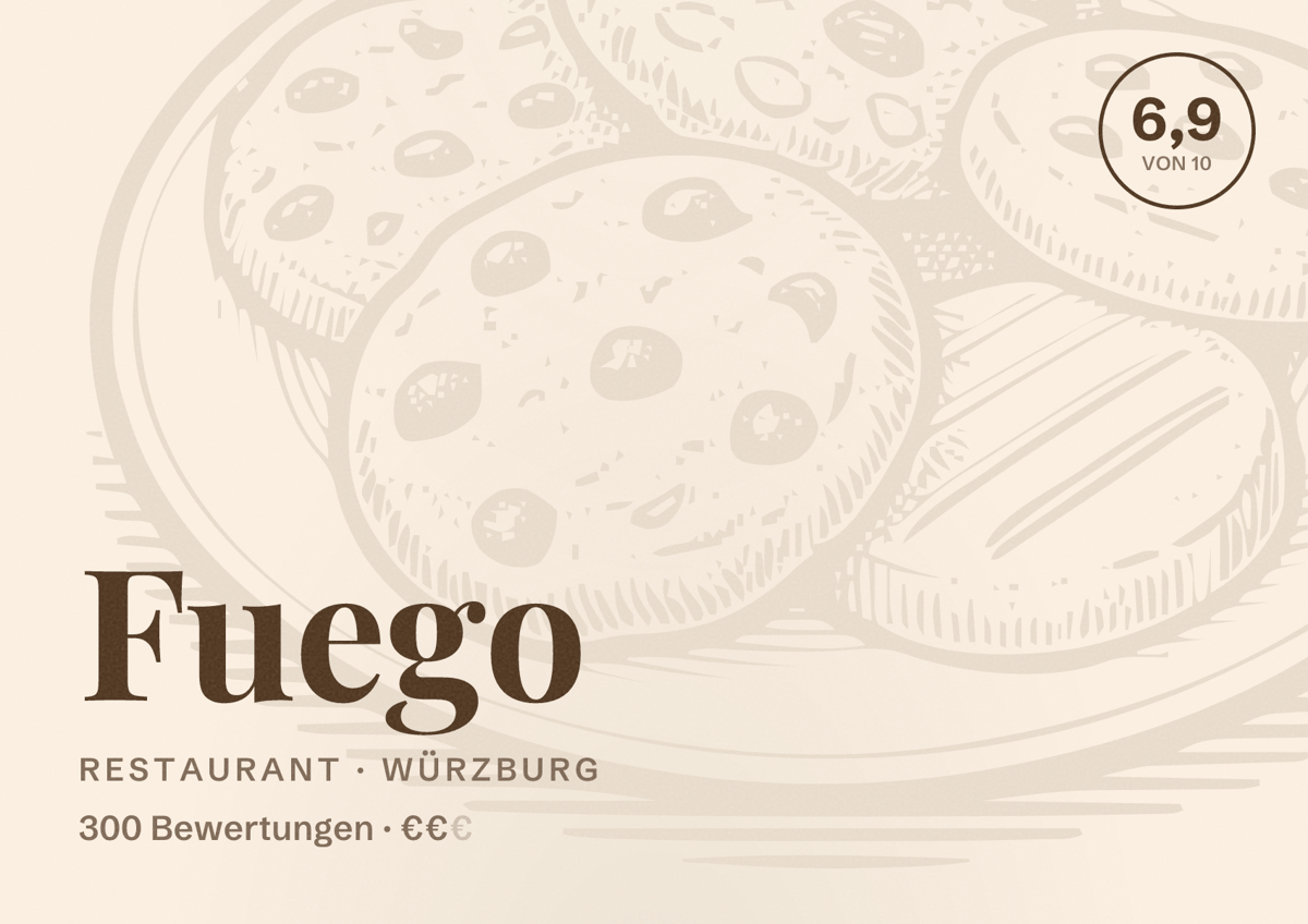 Illustriertes Poster von Fuego, Restaurant in Würzburg: Bewertung 6,9 von 10 aus 300 Bewertungen, Preisniveau €€