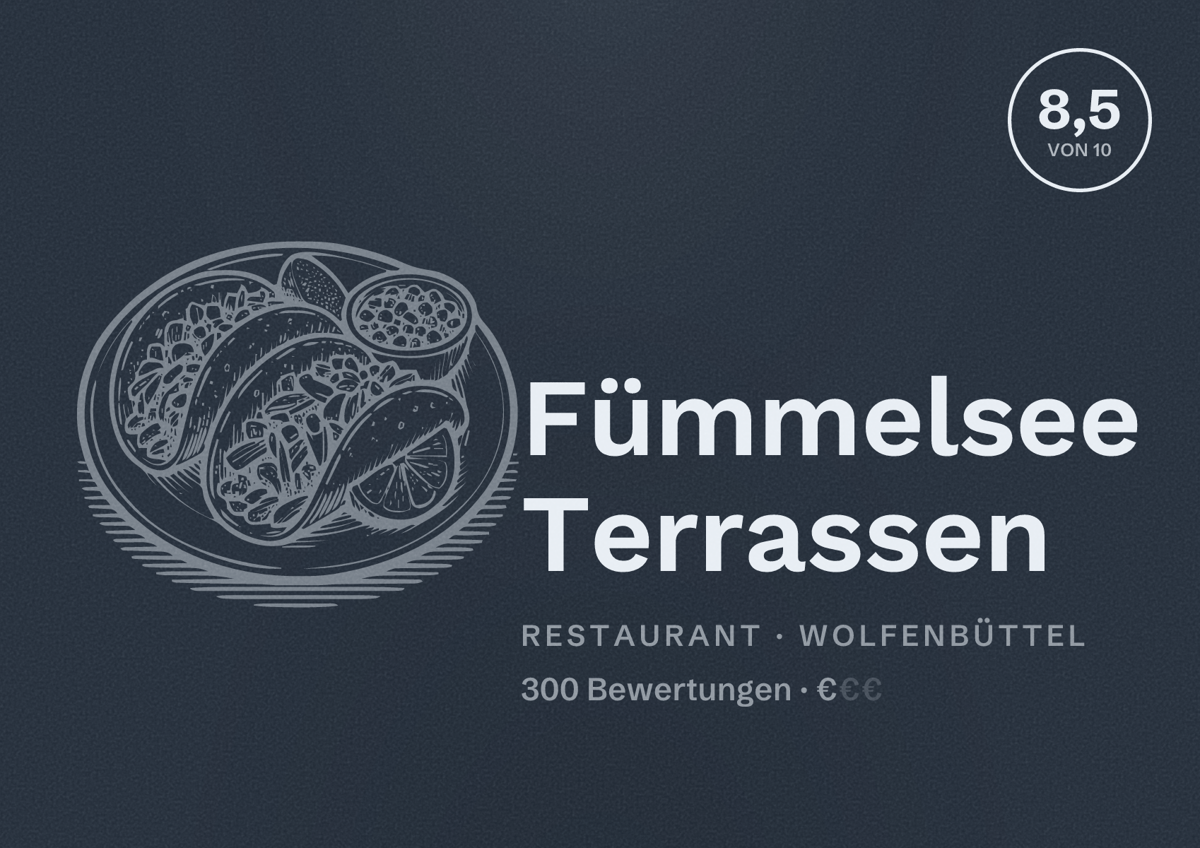 Illustriertes Poster von Fümmelsee Terrassen, Restaurant in Wolfenbüttel: Bewertung 8,5 von 10 aus 300 Bewertungen, Preisniveau €