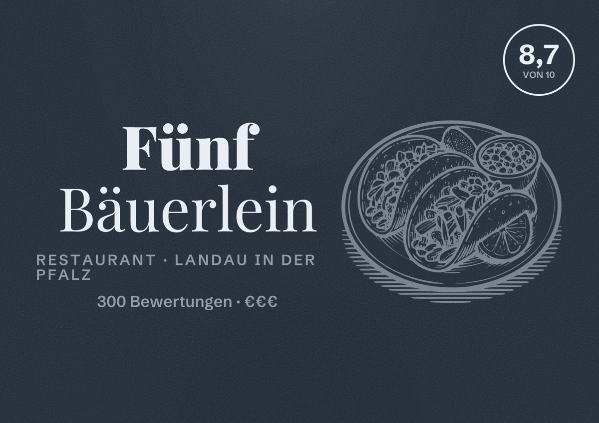 Illustriertes Poster von Fünf Bäuerlein, Restaurant in Landau in der Pfalz: Bewertung 8,7 von 10 aus 300 Bewertungen, Preisniveau €€€