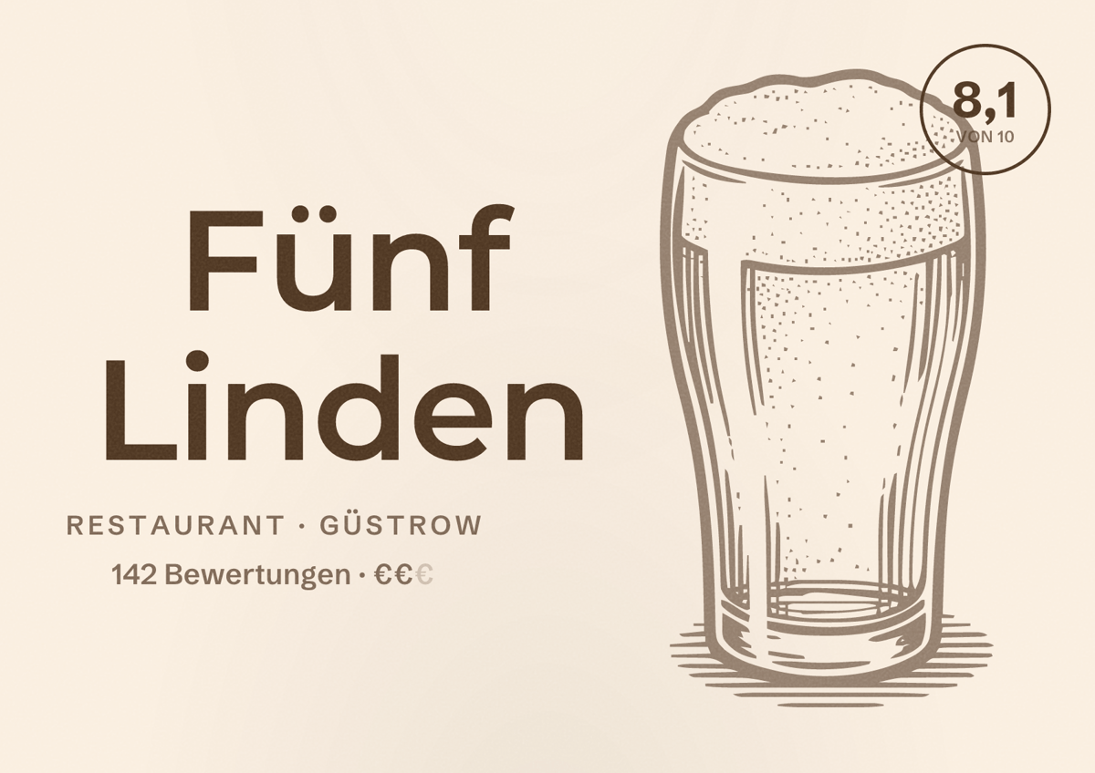Illustriertes Poster von Fünf Linden, Restaurant in Güstrow: Bewertung 8,1 von 10 aus 142 Bewertungen, Preisniveau €€