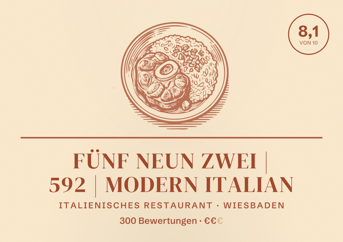 Illustriertes Poster von Fünf Neun Zwei | 592 | Modern Italian, Italienisches Restaurant in Wiesbaden: Bewertung 8,1 von 10 aus 300 Bewertungen, Preisniveau €€
