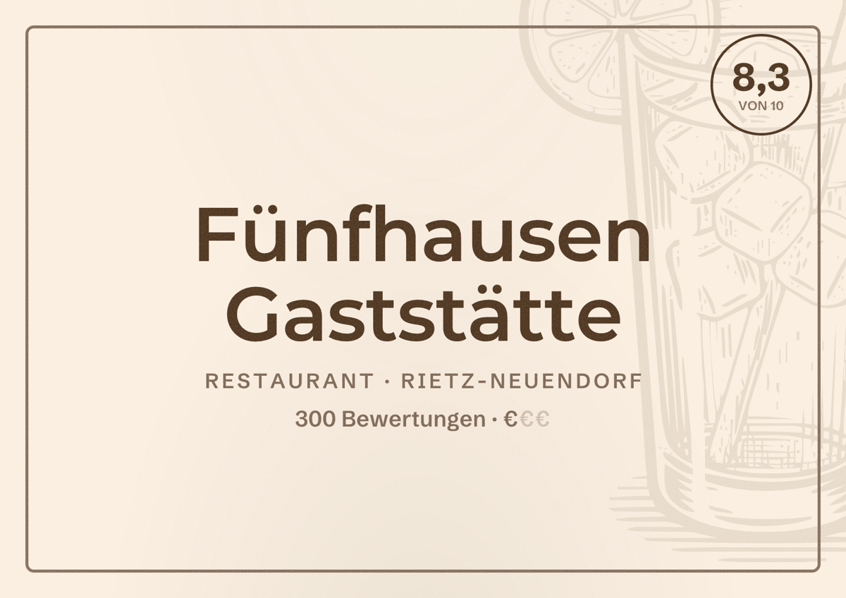 Illustriertes Poster von Fünfhausen Gaststätte, Restaurant in Rietz-Neuendorf: Bewertung 8,3 von 10 aus 300 Bewertungen, Preisniveau €