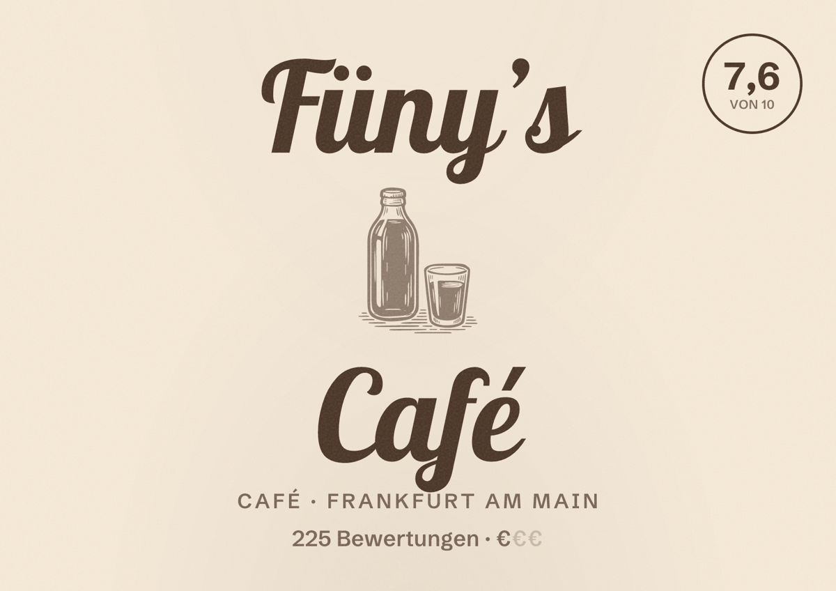 Illustriertes Poster von Füny’s Café, Café in Frankfurt am Main: Bewertung 7,6 von 10 aus 225 Bewertungen, Preisniveau €