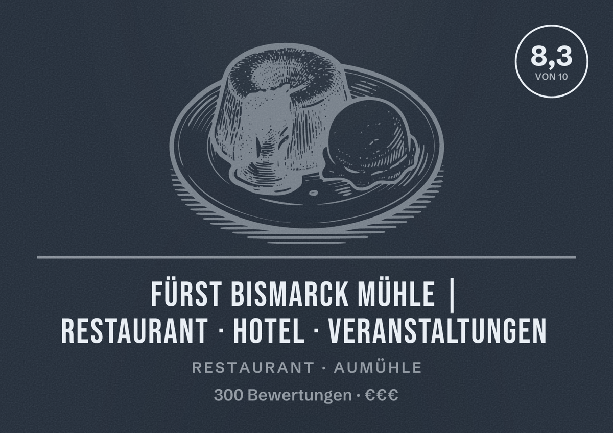 Illustriertes Poster von Fürst Bismarck Mühle | Restaurant · Hotel · Veranstaltungen, Restaurant in Aumühle: Bewertung 8,3 von 10 aus 300 Bewertungen, Preisniveau €€€