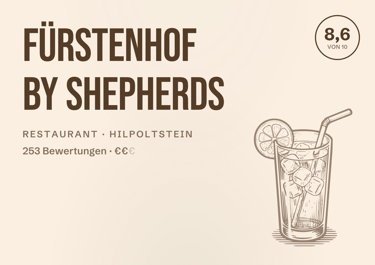 Illustriertes Poster von Fürstenhof by Shepherds, Restaurant in Hilpoltstein: Bewertung 8,6 von 10 aus 253 Bewertungen, Preisniveau €€