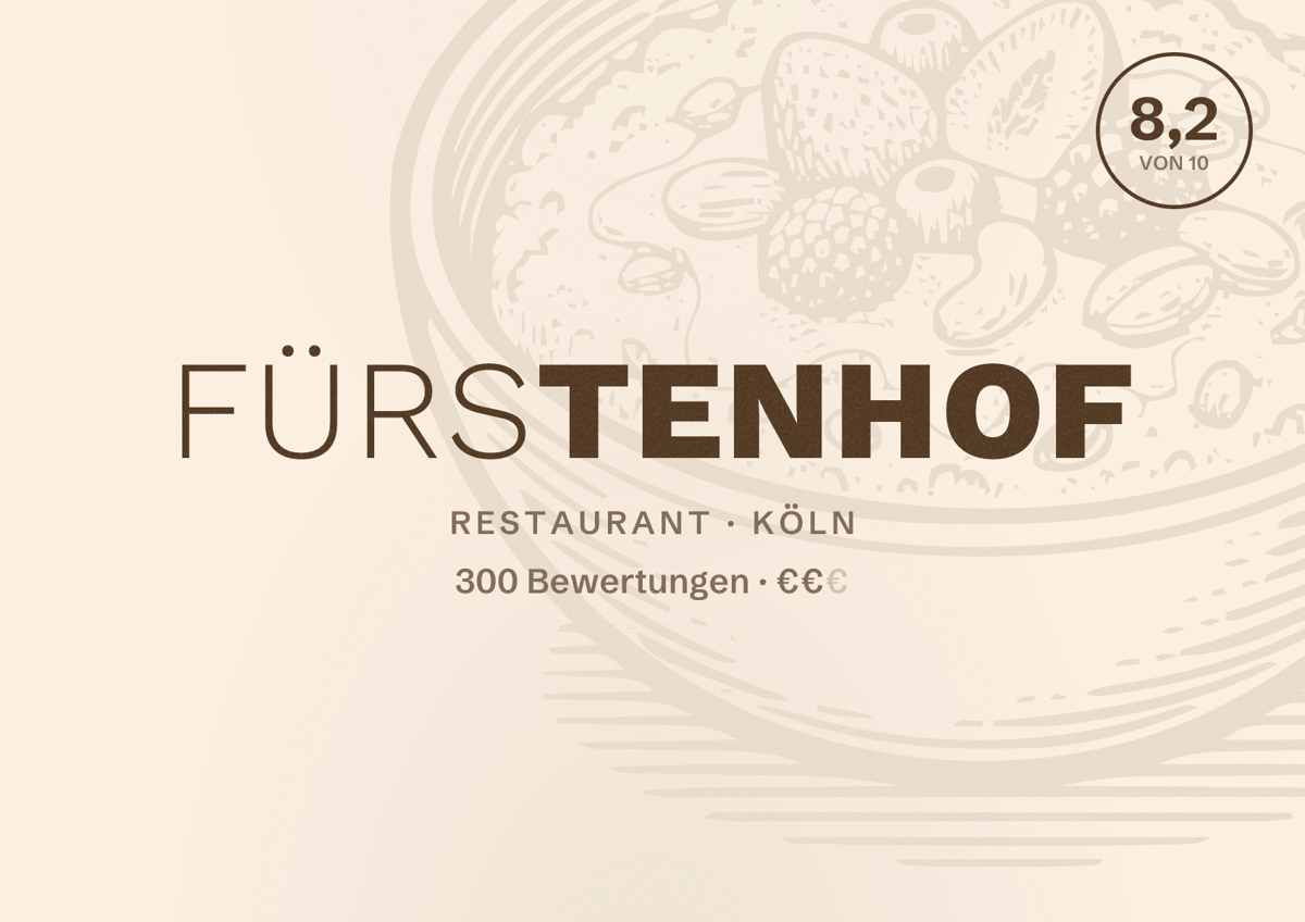 Illustriertes Poster von Fürstenhof, Restaurant in Köln: Bewertung 8,2 von 10 aus 300 Bewertungen, Preisniveau €€