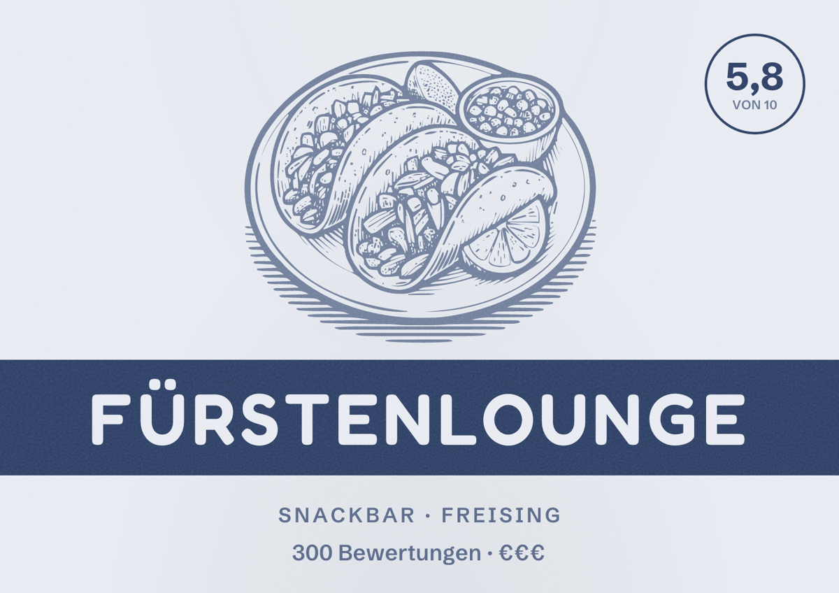 Illustriertes Poster von Fürstenlounge, Snackbar in Freising: Bewertung 5,8 von 10 aus 300 Bewertungen, Preisniveau €€€