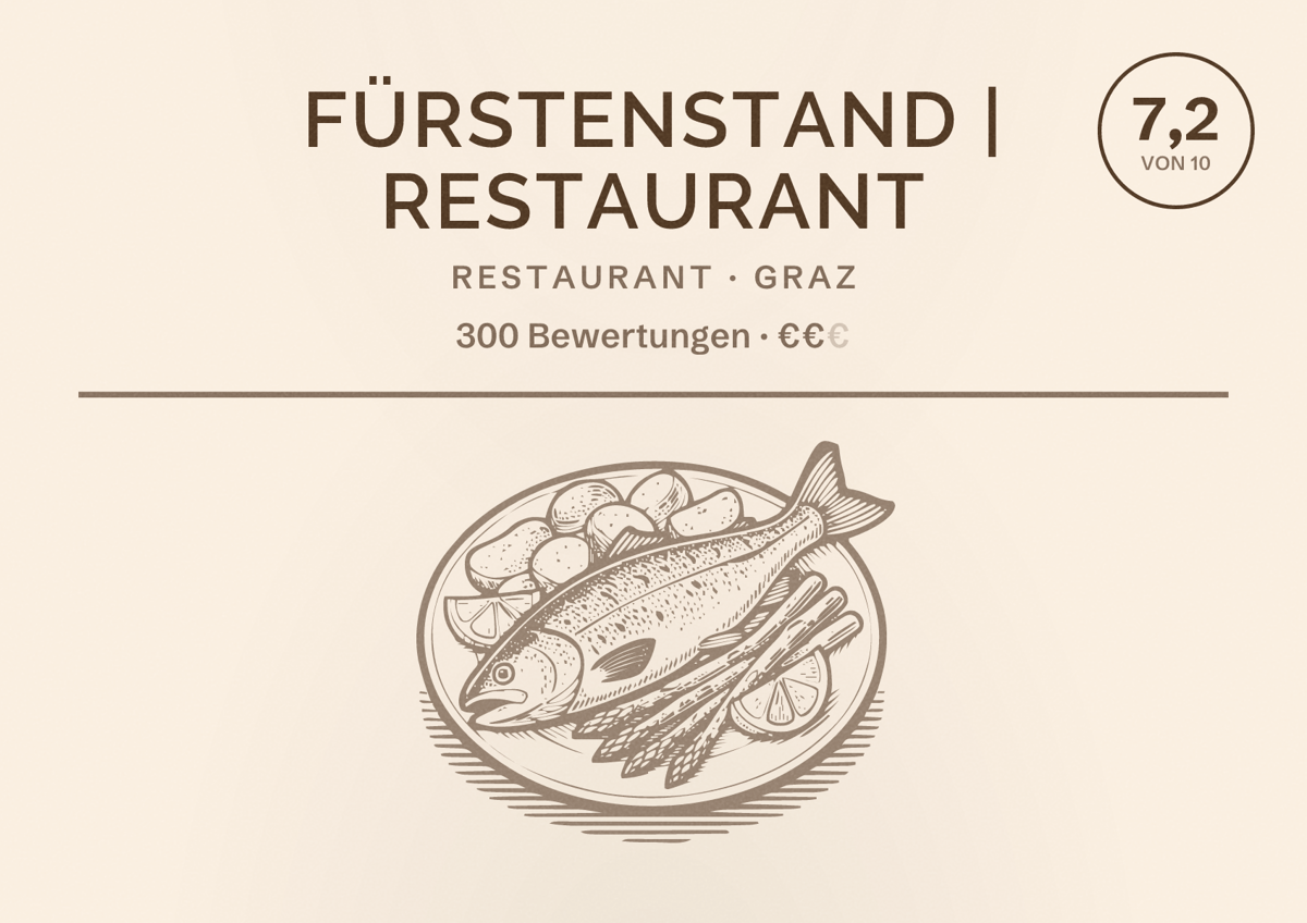Illustriertes Poster von Fürstenstand | Restaurant, Restaurant in Graz: Bewertung 7,2 von 10 aus 300 Bewertungen, Preisniveau €€