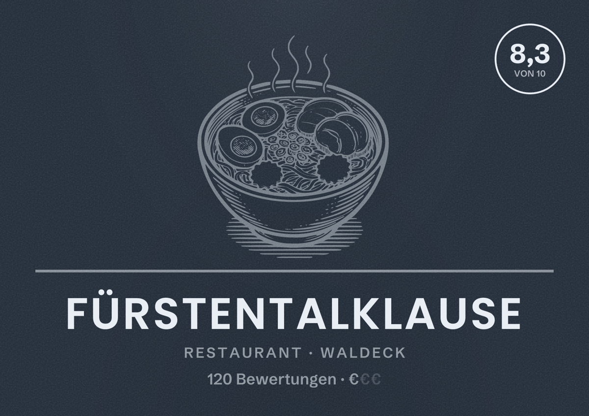 Illustriertes Poster von Fürstentalklause, Restaurant in Waldeck: Bewertung 8,3 von 10 aus 120 Bewertungen, Preisniveau €