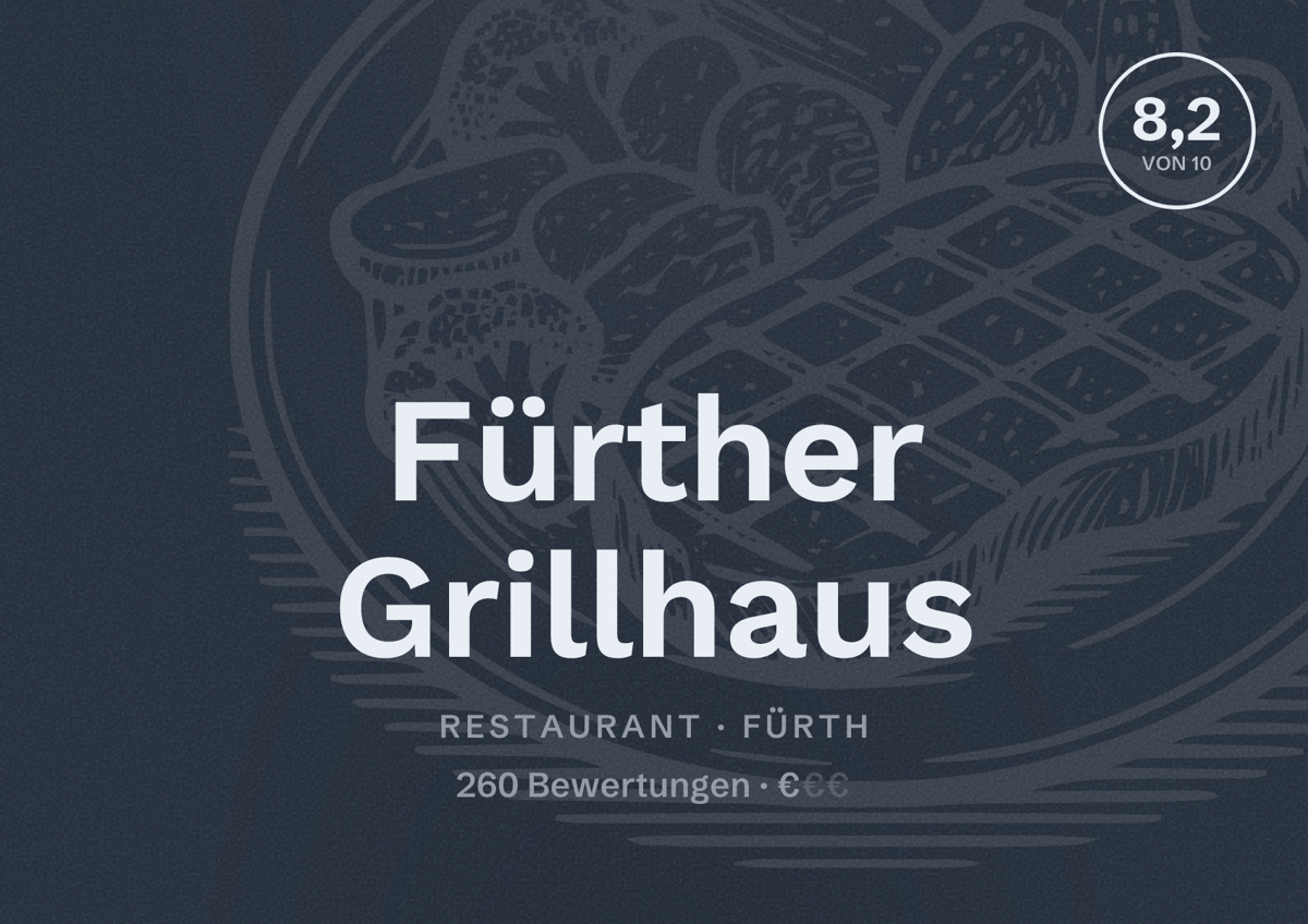 Illustriertes Poster von Fürther Grillhaus, Restaurant in Fürth: Bewertung 8,2 von 10 aus 260 Bewertungen, Preisniveau €