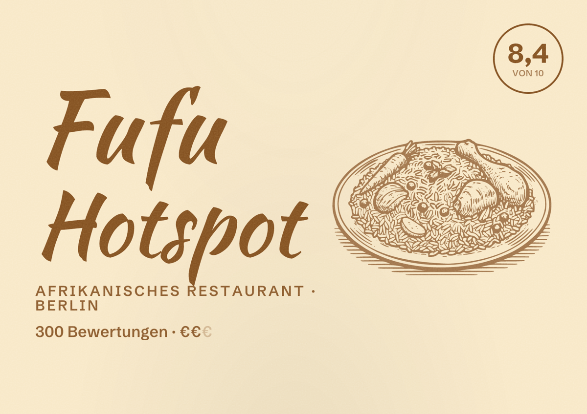 Illustriertes Poster von Fufu Hotspot, Afrikanisches Restaurant in Berlin: Bewertung 8,4 von 10 aus 300 Bewertungen, Preisniveau €€