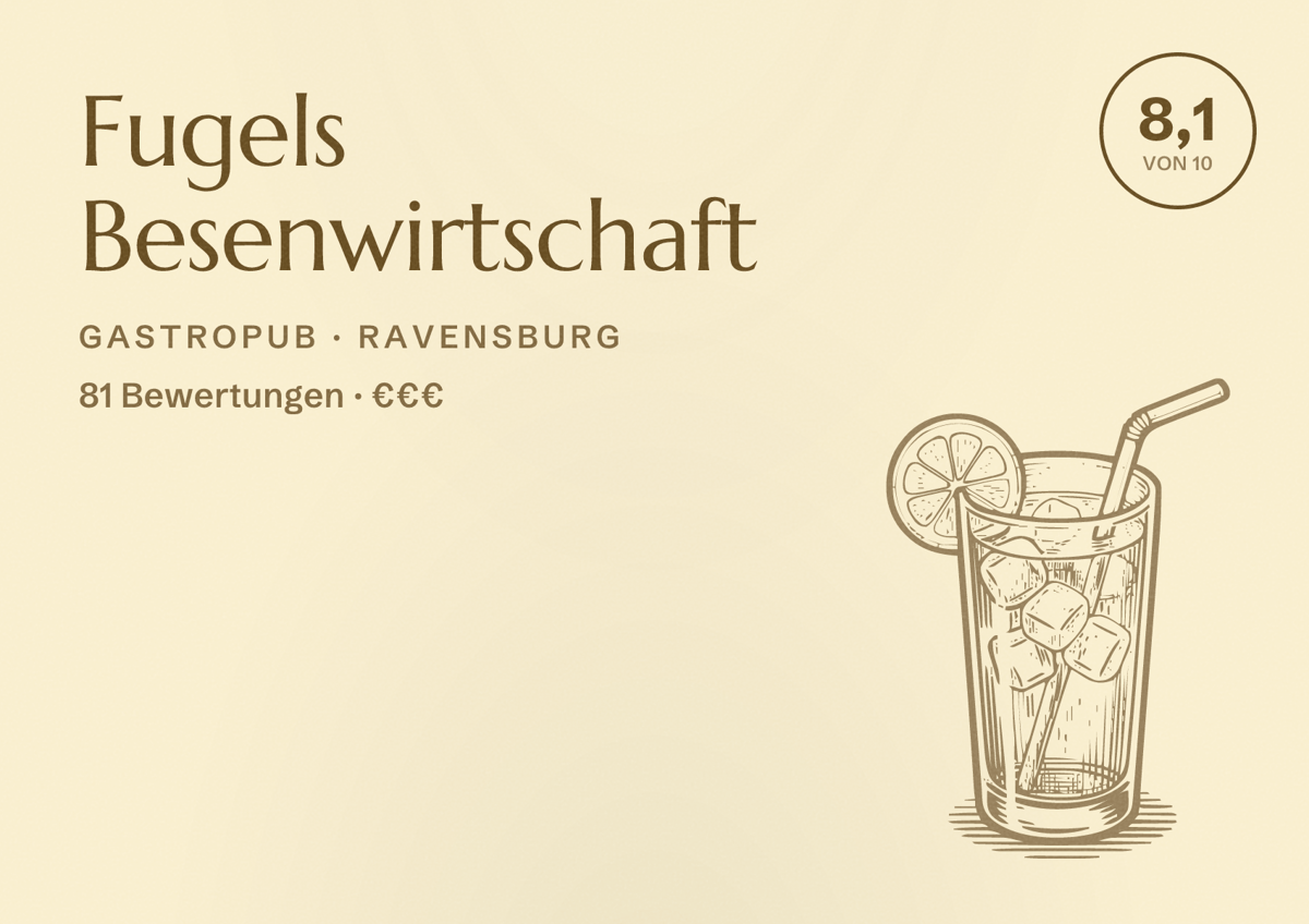 Illustriertes Poster von Fugels Besenwirtschaft, Gastropub in Ravensburg: Bewertung 8,1 von 10 aus 81 Bewertungen, Preisniveau €€€