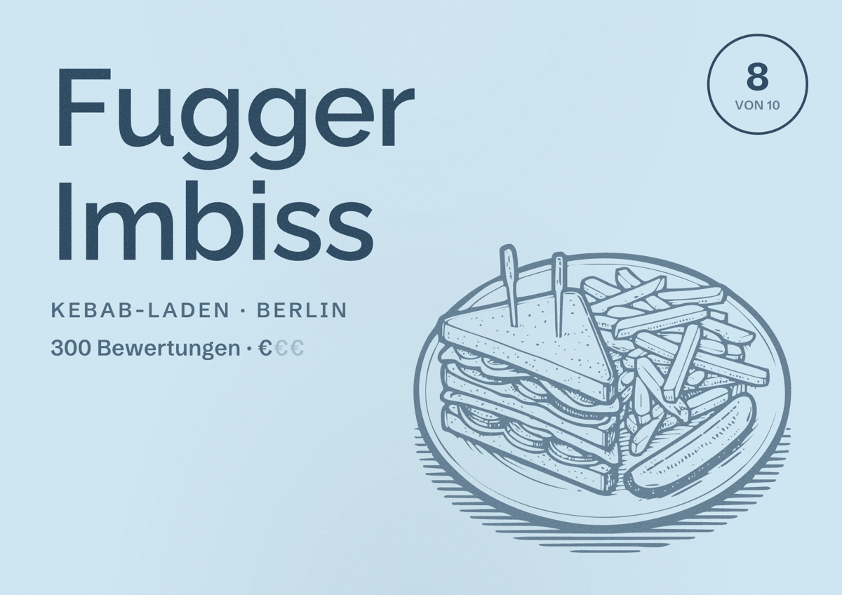 Illustriertes Poster von Fugger Imbiss, Kebab-Laden in Berlin: Bewertung 8,0 von 10 aus 300 Bewertungen, Preisniveau €