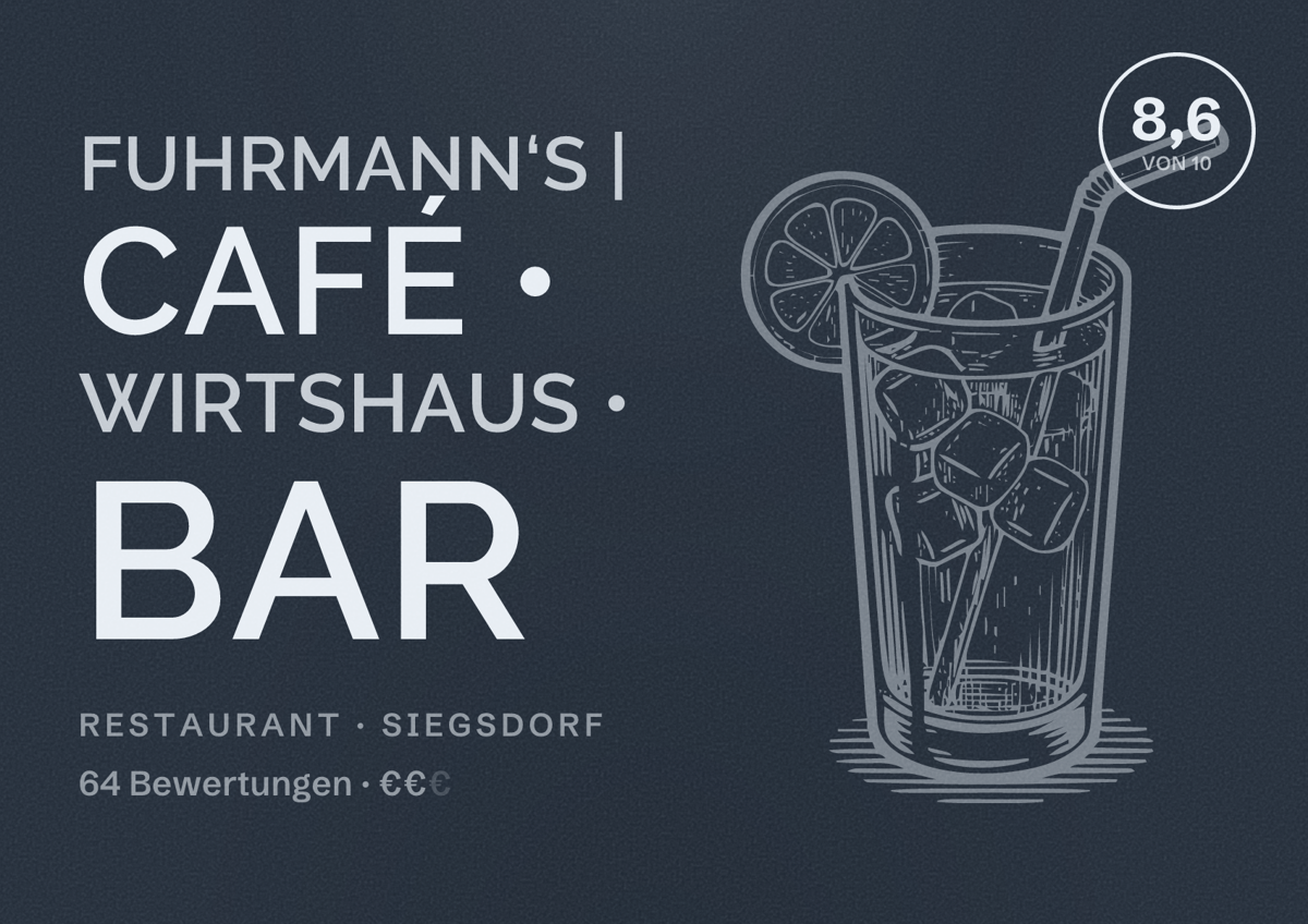Illustriertes Poster von Fuhrmann‘s | Café • Wirtshaus • Bar, Restaurant in Siegsdorf: Bewertung 8,6 von 10 aus 64 Bewertungen, Preisniveau €€