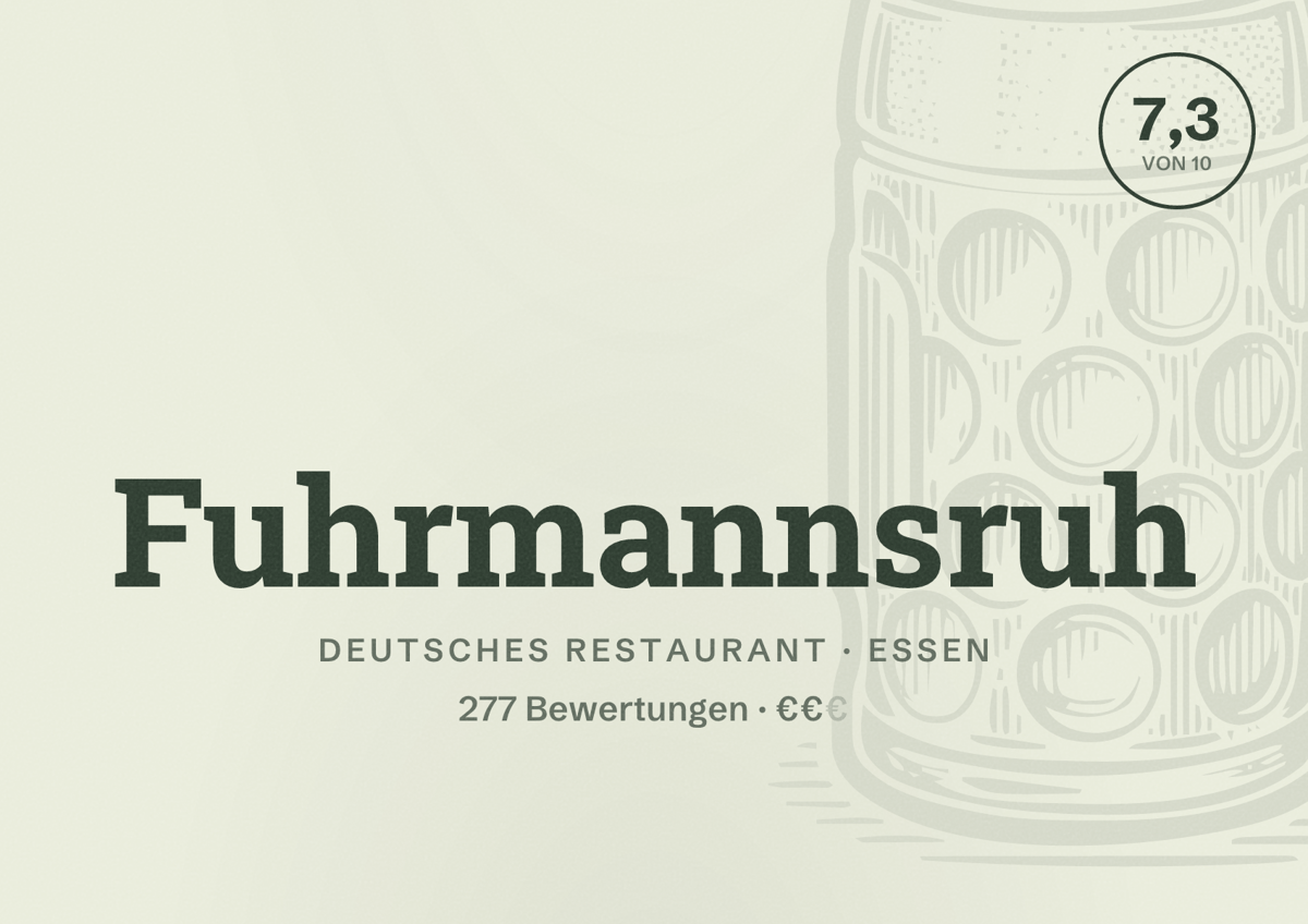 Illustriertes Poster von Fuhrmannsruh, Deutsches Restaurant in Essen: Bewertung 7,3 von 10 aus 277 Bewertungen, Preisniveau €€