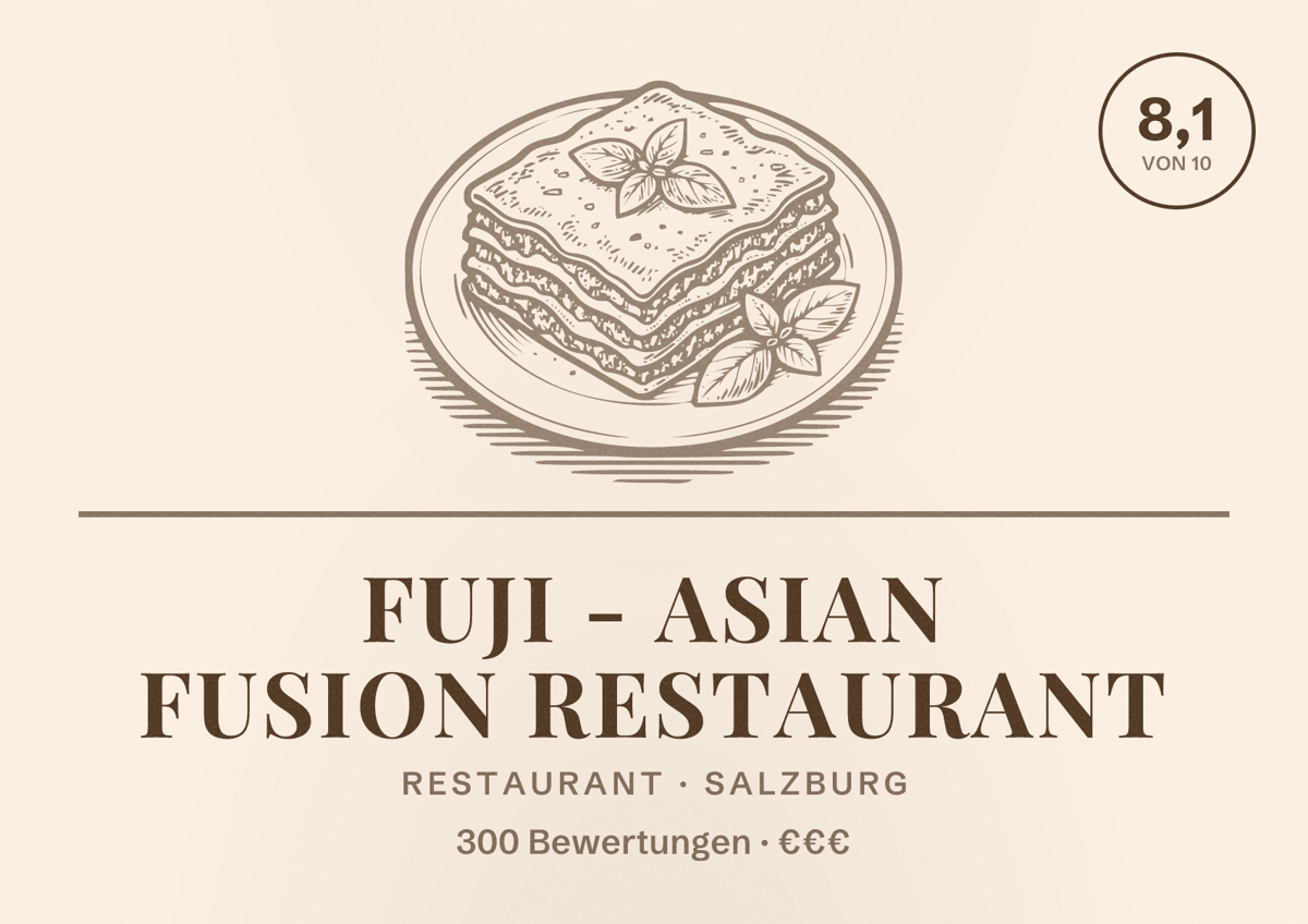 Illustriertes Poster von Fuji - Asian Fusion Restaurant, Restaurant in Salzburg: Bewertung 8,1 von 10 aus 300 Bewertungen, Preisniveau €€€