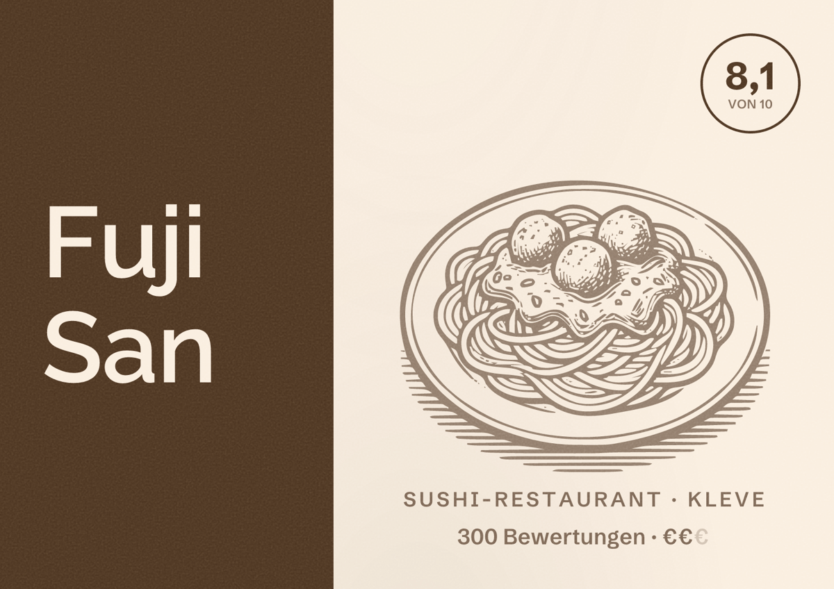 Illustriertes Poster von Fuji San, Sushi-Restaurant in Kleve: Bewertung 8,1 von 10 aus 300 Bewertungen, Preisniveau €€