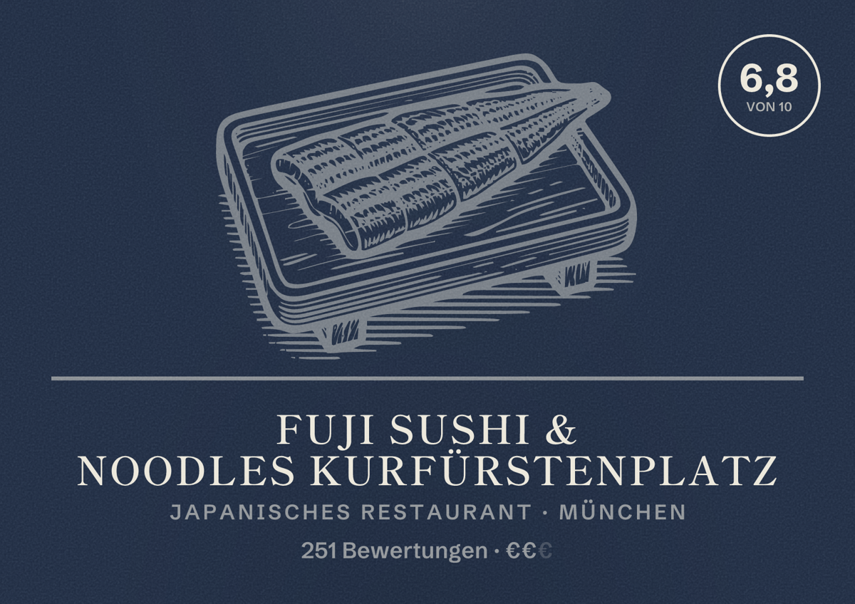 Illustriertes Poster von Fuji Sushi & Noodles Kurfürstenplatz, Japanisches Restaurant in München: Bewertung 6,8 von 10 aus 251 Bewertungen, Preisniveau €€