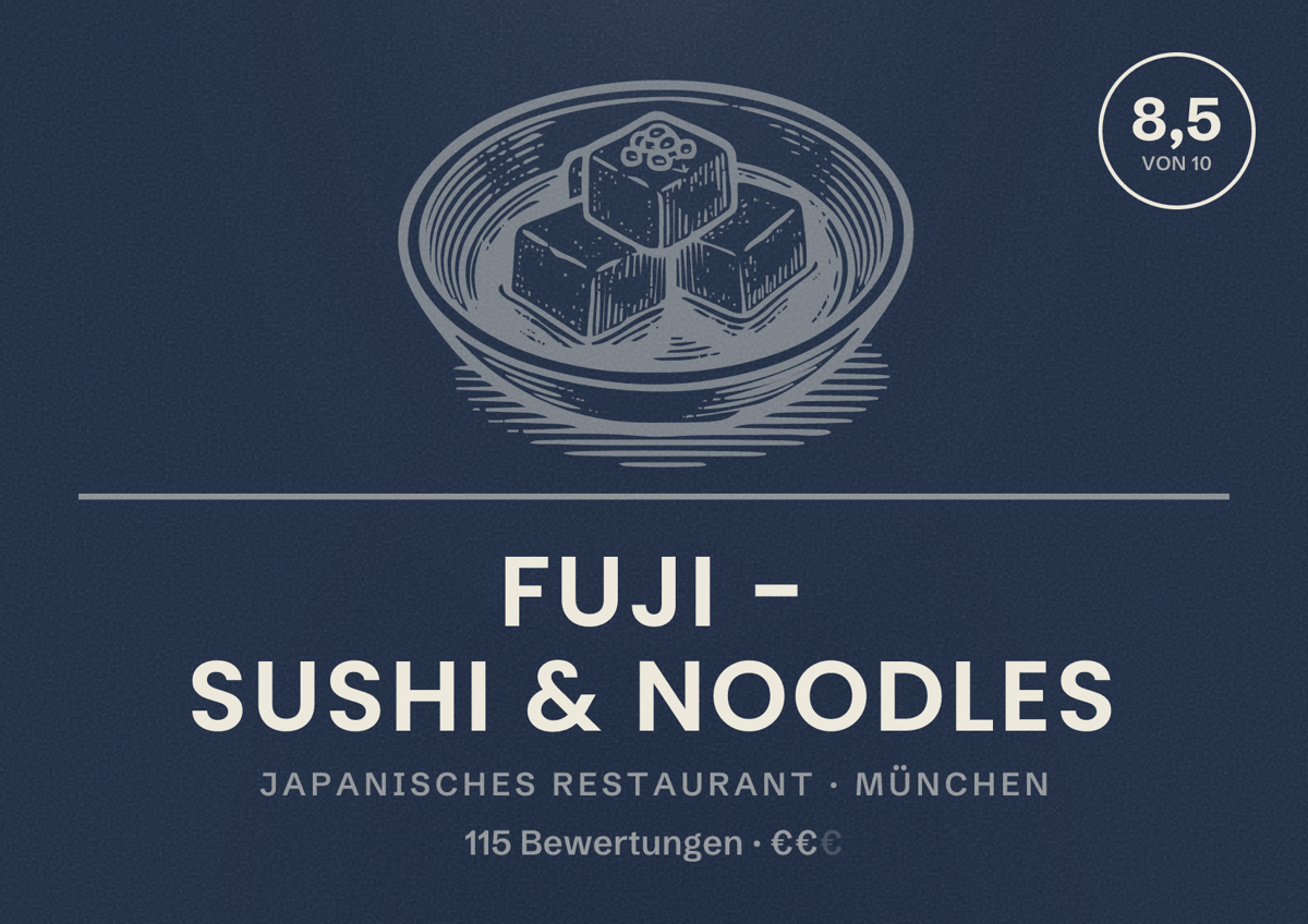 Illustriertes Poster von Fuji - Sushi & Noodles, Japanisches Restaurant in München: Bewertung 8,5 von 10 aus 115 Bewertungen, Preisniveau €€