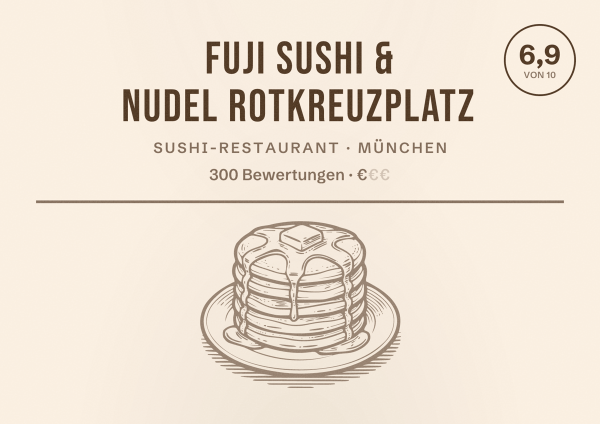 Illustriertes Poster von Fuji Sushi & Nudel Rotkreuzplatz, Sushi-Restaurant in München: Bewertung 6,9 von 10 aus 300 Bewertungen, Preisniveau €