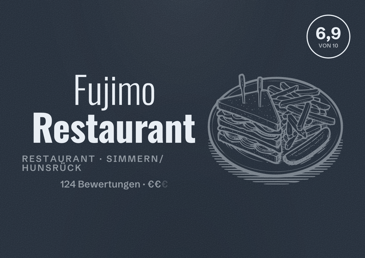 Illustriertes Poster von Fujimo Restaurant, Restaurant in Simmern/Hunsrück: Bewertung 6,9 von 10 aus 124 Bewertungen, Preisniveau €€