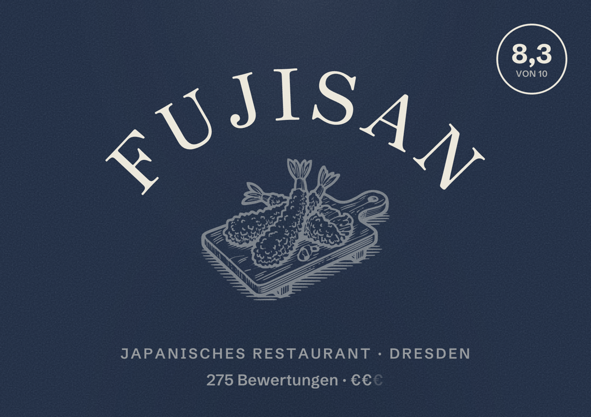 Illustriertes Poster von Fujisan, Japanisches Restaurant in Dresden: Bewertung 8,3 von 10 aus 275 Bewertungen, Preisniveau €€