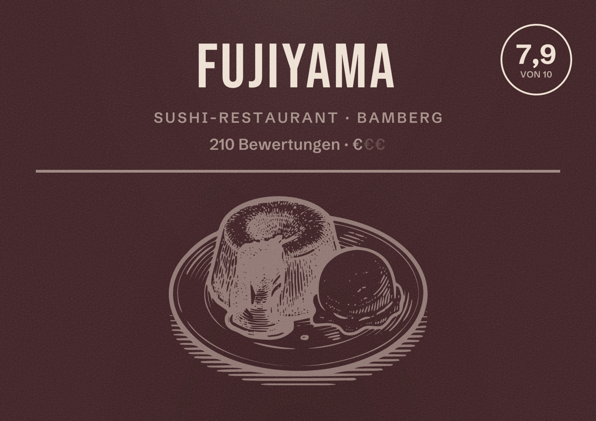 Illustriertes Poster von Fujiyama, Sushi-Restaurant in Bamberg: Bewertung 7,9 von 10 aus 210 Bewertungen, Preisniveau €