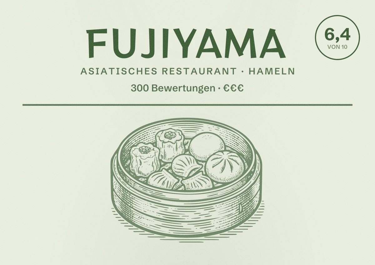 Illustriertes Poster von Fujiyama, Asiatisches Restaurant in Hameln: Bewertung 6,4 von 10 aus 300 Bewertungen, Preisniveau €€€
