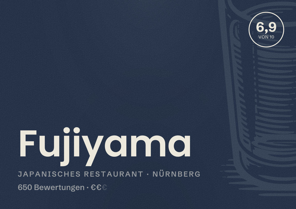Illustriertes Poster von Fujiyama, Japanisches Restaurant in Nürnberg: Bewertung 6,9 von 10 aus 650 Bewertungen, Preisniveau €€