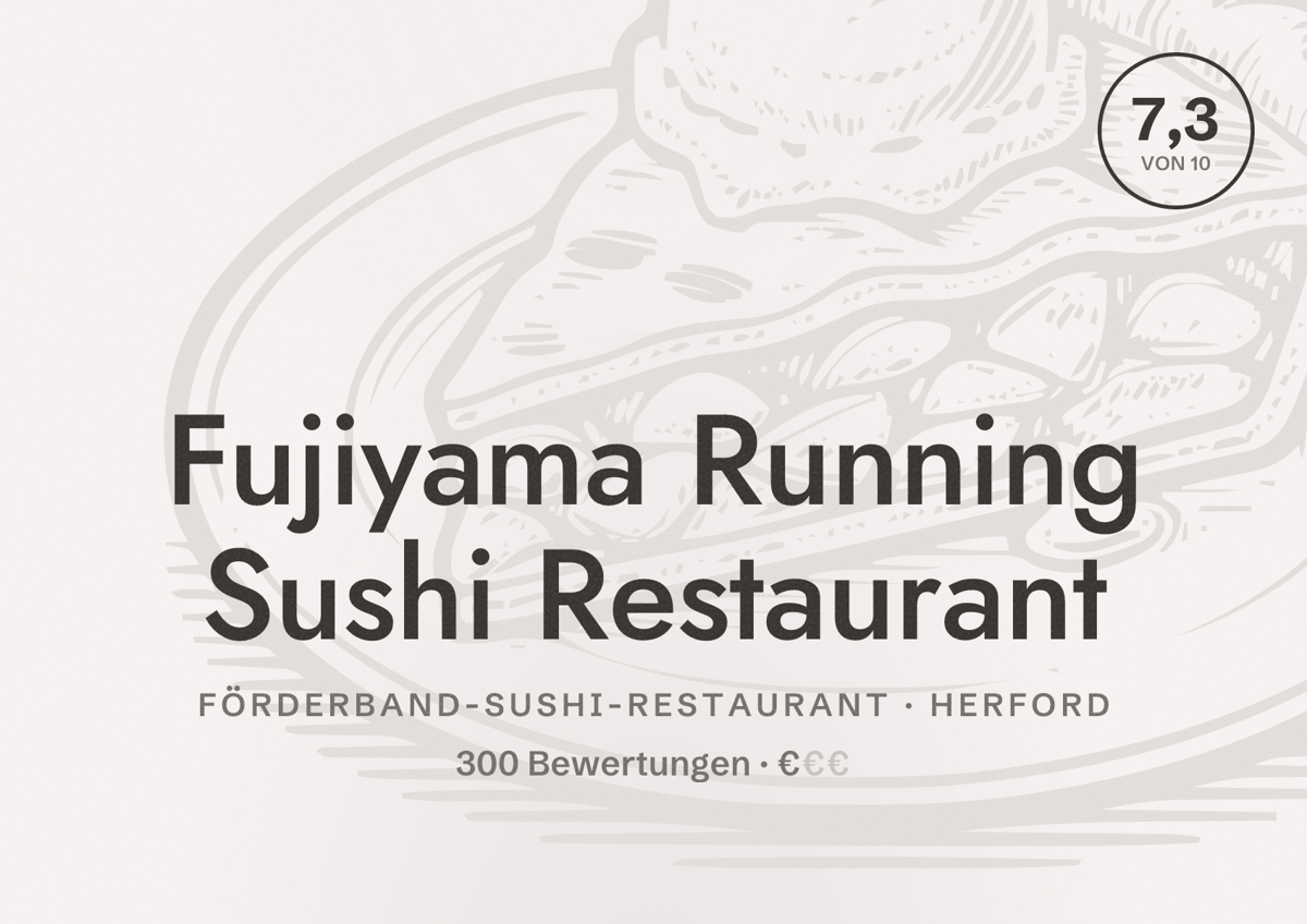 Illustriertes Poster von Fujiyama Running Sushi Restaurant, Förderband-Sushi-Restaurant in Herford: Bewertung 7,3 von 10 aus 300 Bewertungen, Preisniveau €