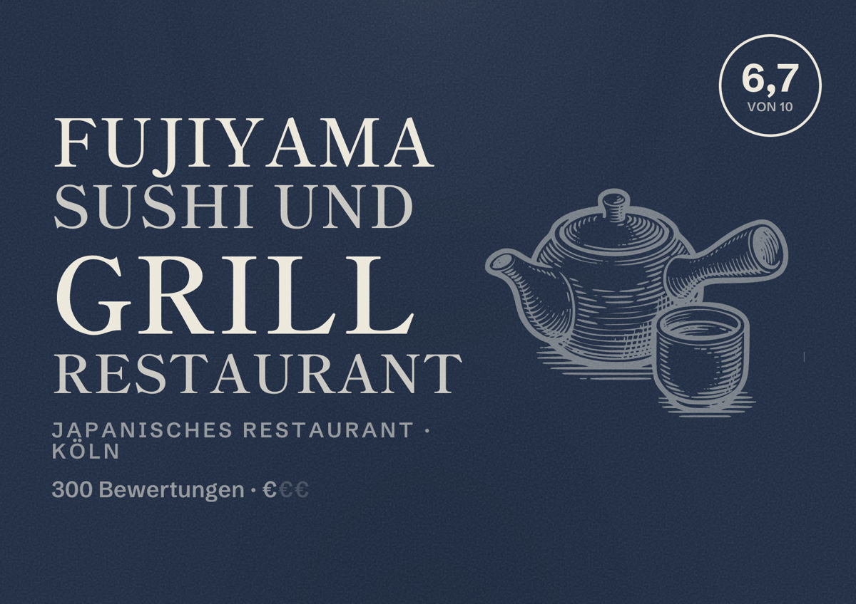 Illustriertes Poster von Fujiyama Sushi und Grill Restaurant, Japanisches Restaurant in Köln: Bewertung 6,7 von 10 aus 300 Bewertungen, Preisniveau €