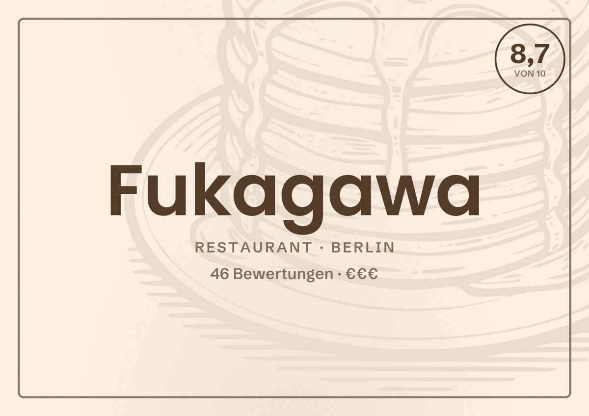 Illustriertes Poster von Fukagawa, Restaurant in Berlin: Bewertung 8,7 von 10 aus 46 Bewertungen, Preisniveau €€€