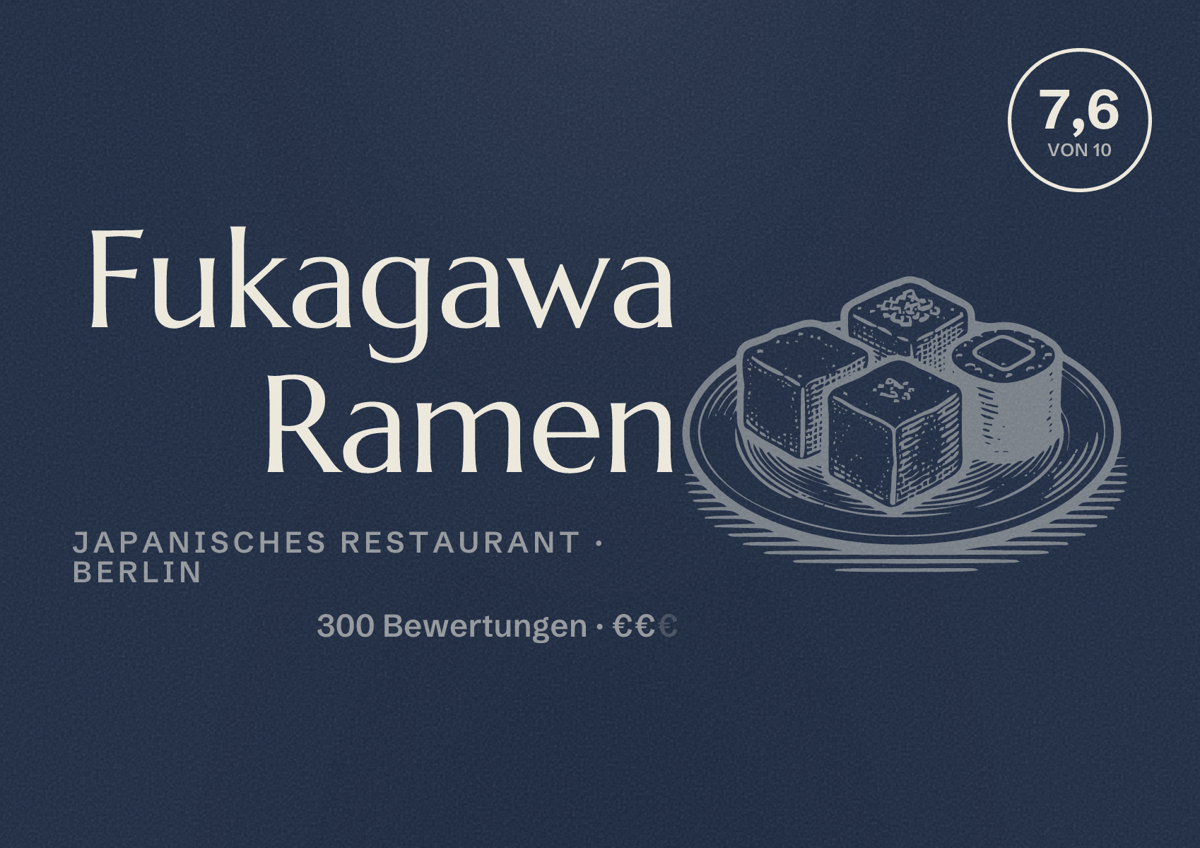 Illustriertes Poster von Fukagawa Ramen, Japanisches Restaurant in Berlin: Bewertung 7,6 von 10 aus 300 Bewertungen, Preisniveau €€