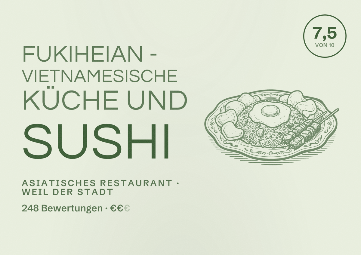 Illustriertes Poster von Fukiheian - Vietnamesische Küche und Sushi, Asiatisches Restaurant in Weil der Stadt: Bewertung 7,5 von 10 aus 248 Bewertungen, Preisniveau €€