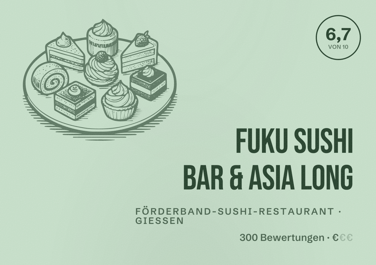 Illustriertes Poster von Fuku Sushi Bar & Asia Long, Förderband-Sushi-Restaurant in Gießen: Bewertung 6,7 von 10 aus 300 Bewertungen, Preisniveau €